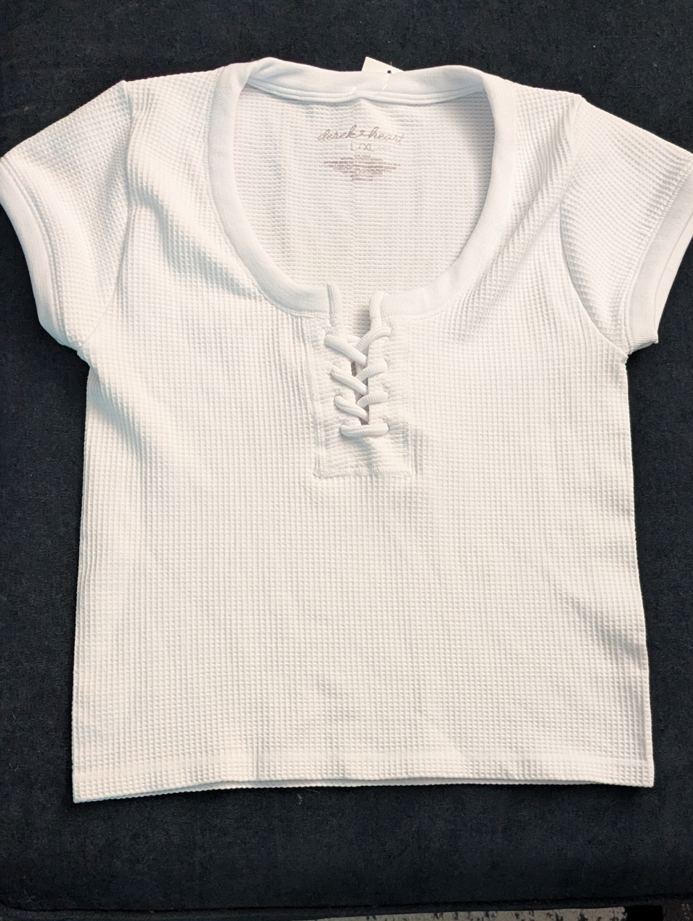 NWOT! Derek Heart White Lace Up Waffle Texture Baby Tee Size L